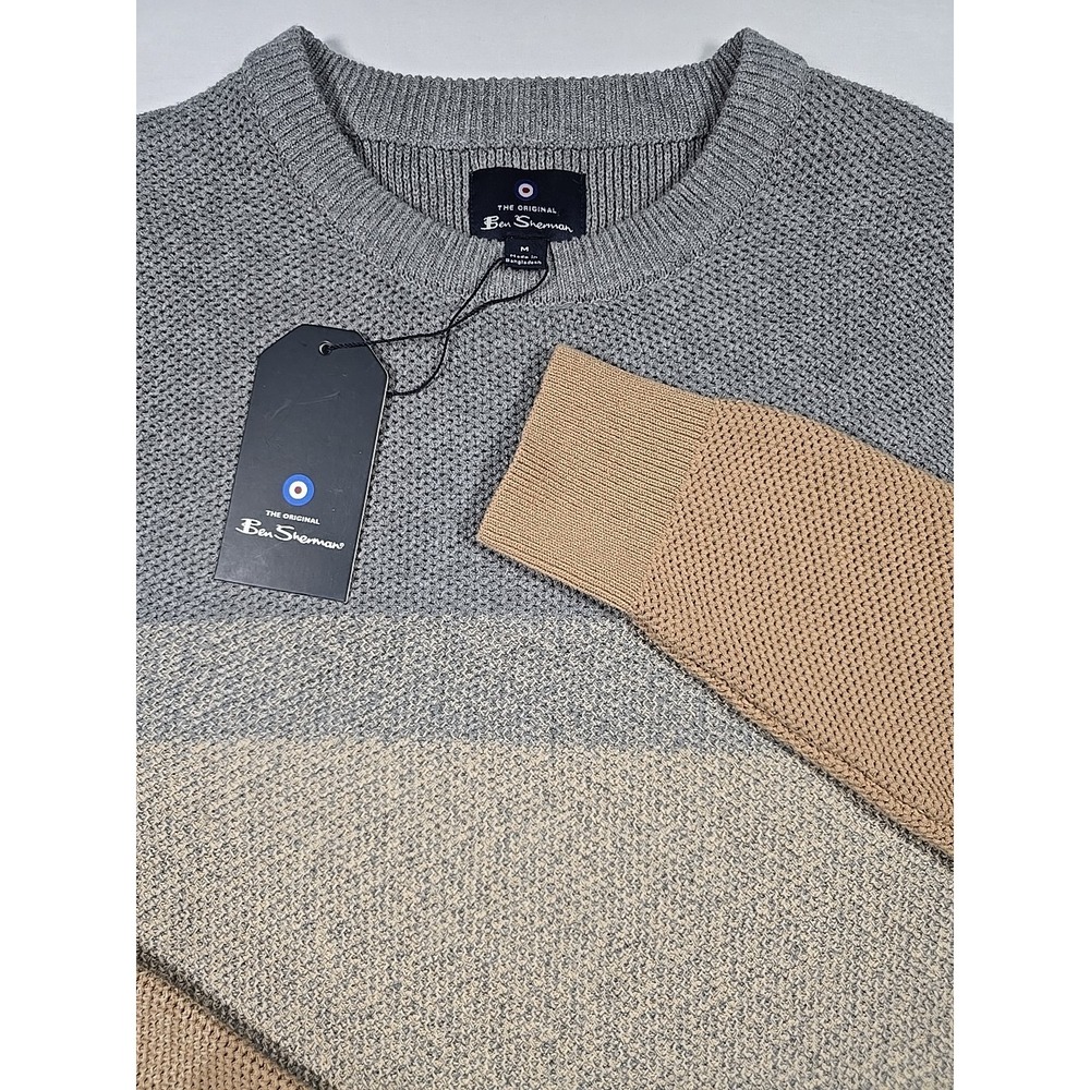 Ben Sherman Mens Medium Long Sleeve Knit Sweater Gray Tan Business Dad Crew NWT